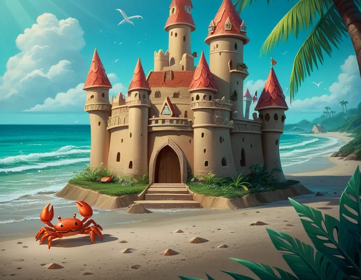 funny style , Pixar style , cartoon style , ((( cute crab  ( intelligent sea crabs )  builds a small sand castle on the seashore with claws,)))  funny fun style ,  close-up of a crab , cute crab ,  seagulls soar over the sea ,  light waves ,  beautiful bea...