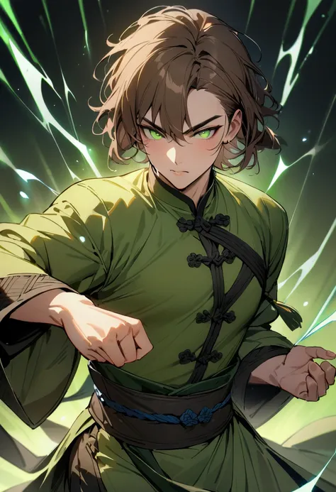 (( best quality )), ((masterpiece)), (detailed), Brown-haired Chinese martial artist man in green clothes with blue details