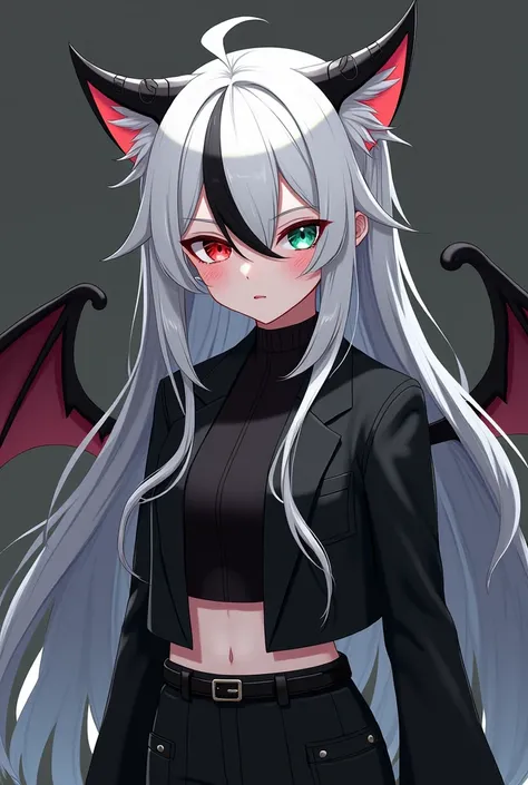 short girl with white hair with black strands 

demon horns tilted back 

heterochromatic eyes, one red and one green 

small almost invisible freckles on her cheeks 

half cat

Black wings (They are usually hidden behind her hair )

Scars on her skin

use...