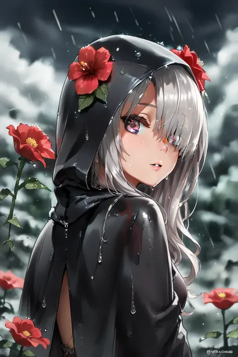 1 ,Alone,1 ,Alone,(( beautiful and detailed eyes )), (detailed light),  depth of field  ,(white hair),silver eyes, hair over one eye,(red flower ),  hair flower ,long hair,Black cloak,wet,without emotion, looking back ,night,It looks stellar,raining,Fog,re...