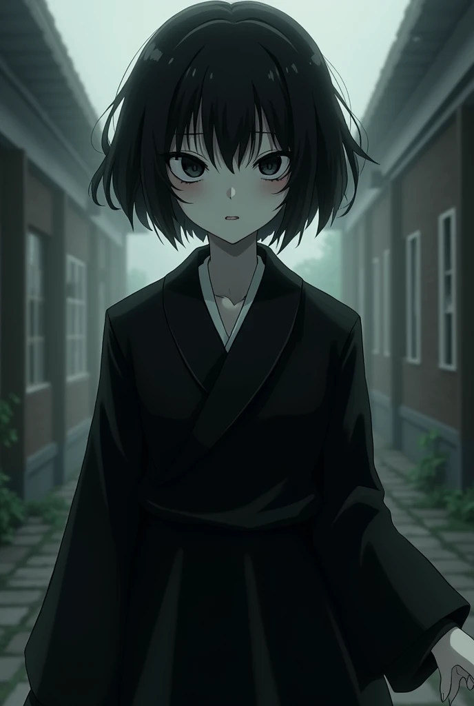 Horror themed. Anime. A  wearing black, classical japanese school uniform. Skin are completely pale and white. Both of the eyes are black. Short and deep black hair.