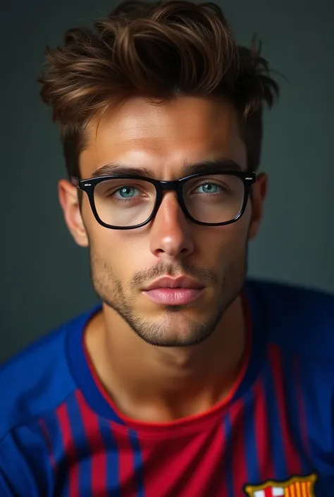 Handsome guy,  blue eyes , with glasses, Pointed light brown hair ,  penetrating look with the Barça shirt 