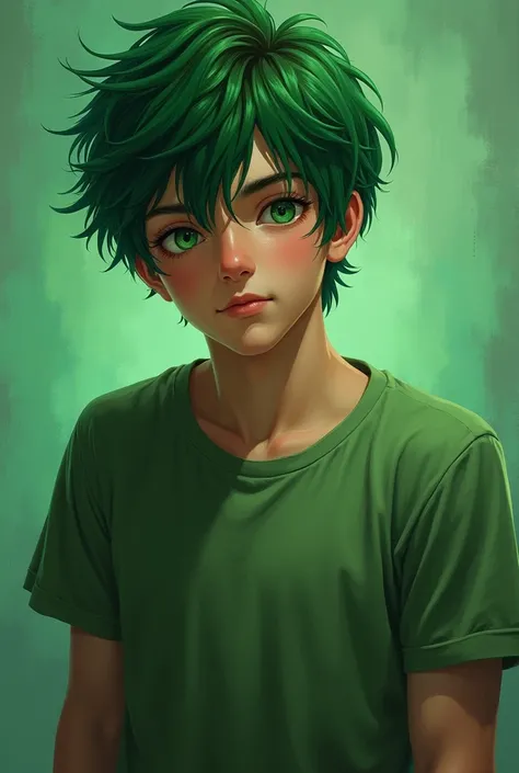 Create a young man with green hair,  green eyes, messy hair, dressed casually,  looking straight ahead.