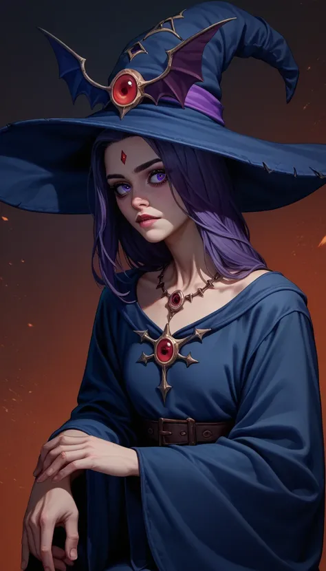  Funny funny cartoon elven witch , cool funny view ,a crumpled hat and cap ,  a raven sits on her shoulder , near the witchcraft ,  crumpled and worn robe raced by the Uzorami is wearing on her, maximum details , expressive large eyes ,