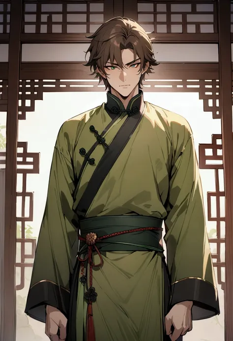 (( best quality )), ((masterpiece)), (detailed), Large brown-haired Chinese martial artist man in green clothes with black details