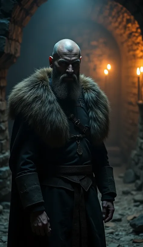 Floki, half bald, crazy face, painted face with a line of paint under the eye,with a far-off look in his eyes, standing alone in a dark cave lit by flickering torches, ancient Viking symbols on the walls, his Viking attire and fur cloak blending with the s...