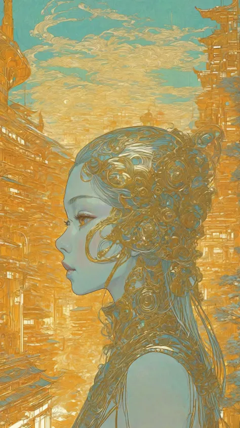 ((best quality)), ((masterpiece)), (detailed), perfect face of cyberpunk mecha japanese girl, shiny gold eyes, shiny gold body, shiny gold hair, ((monochromatic metallic gold color palette)), surreal, art nouveau, in the illustrative style of moebius, spac...