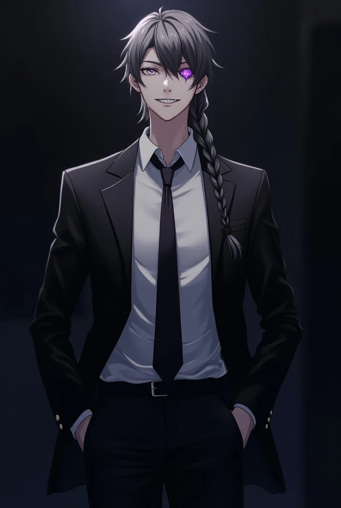 A anime man that has, pale face and short hair cut on the sides with black he has a long braid down his hair, he wears a black suit with a white blouse, and white / black pants. He has a smirk on his face, he has sharp teeth. One eye is jet blavk purple wi...