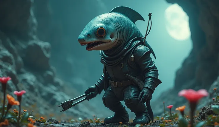 sharkfishs leather,A Modern flat toon Crazy whit a Big ONE a Only Eye Robot USSR , and helmet Style, tongs in hands, Ambient in a meteorite crater super detailed,Magical plant ghost flower, ghost flower,carismatic，Incredible，terror ,extremely detailed,intr...