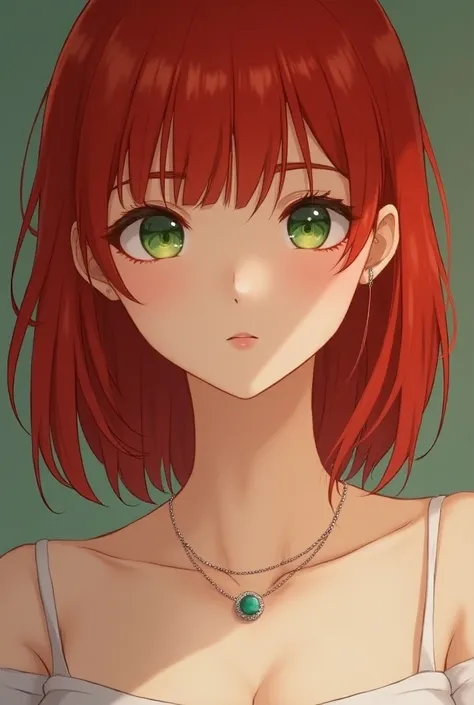 pretty girl with red hair and green eyes. her hair is in back length cutted straight, and her bangs that are cut straight across her forehead that covers her eyebrows. in mixed of semi realism and anime style. She has a doe eyes but that makes her looks in...