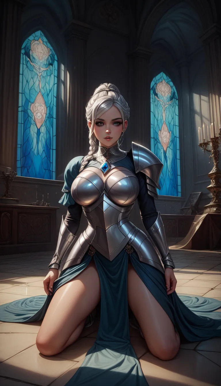 conceptual installation art, cool beauty knight, white shiny silky disheveled braided bangs ponytail, captivating eyes, curvaceous, wearing copper-plated armor, a large holy sword stuck into the floor, iridescent shiny black marble mansion room, various ef...