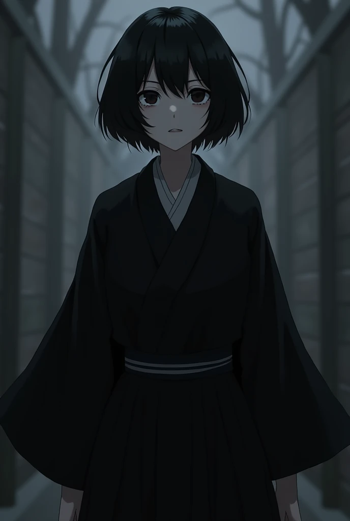 Horror themed. Anime. A  wearing black, classical japanese school uniform. Skin are completely pale and white. Black eyes. Black pupils. Black scleras. Short and deep black hair.