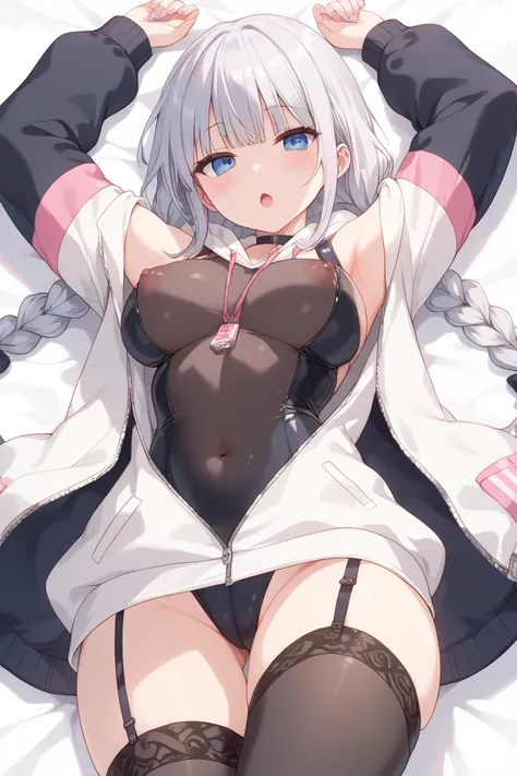 A girl, Silver-haired, hair with straight bangs with two small braids that cover their ears , breasts,  with a short blue and white hoodie ,  with a tight black suit underneath similar to a leg-length diving suit,  with a leather garter on the thigh, weari...