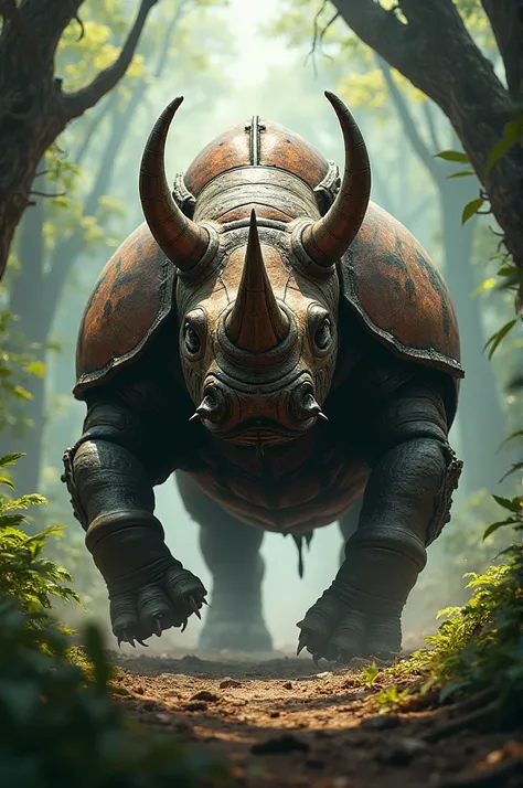 Rhino-Beetle: A rhino with the hard exoskeleton and mandibles of a beetle, charging through a forest.