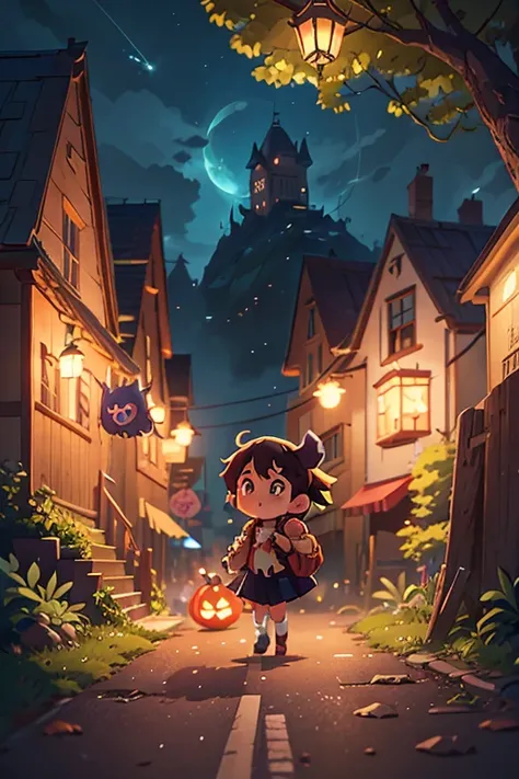  cute witches and young wizards dance on Halloween night.  Halloween Pumpkin ,  lantern, fireworks, Bats,  owl under guard,   by Medieval City . anime girl walking down the street carrying a backpack , in Makoto Shinkai style,  anime cloud , Makoto Shinkai...