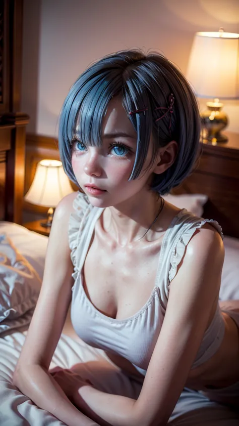 short blue hair, (blue eyes:1.3), side-swept bangs covering one eye, pink hairpin, simple hair accessory, lying down pose, bed s...