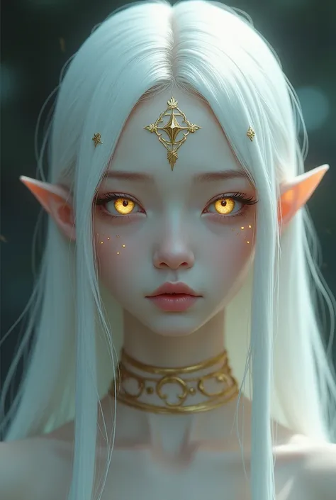  drawing style from the series Arcane, An albino girl,  straight hair and white , test palida,  heavenly eyes , and golden marks 
