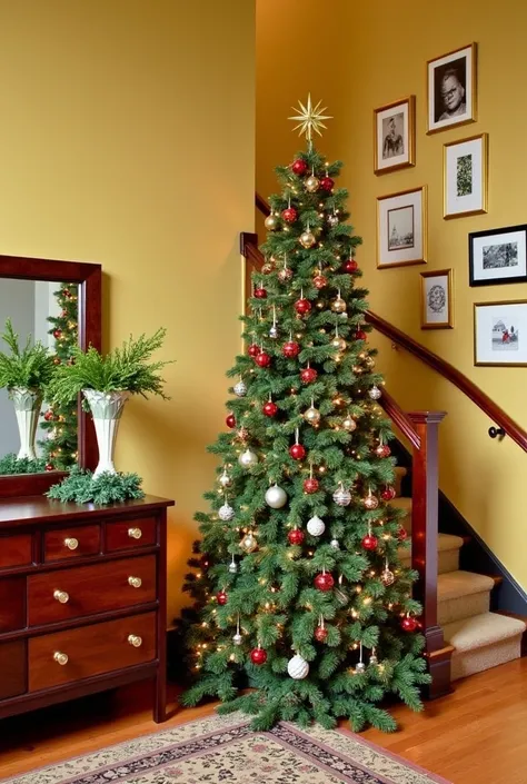 The image shows a beautiful Christmas tree in the corner of a staircase. The tree is decorated with colorful ornaments, lights, and a star on top. It is surrounded by greenery and other festive decorations. The staircase has a wooden handrail and a beige c...