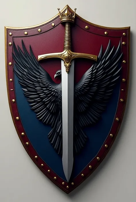 I want you to make a shield but with the colors navy blue and wine red.
 Place a black falcon with a crown inside the shield and a sword in the middle of the shield
