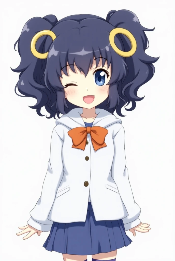 The girl anime has dark blue hair that is curly and has light yellow at the ends that look like two large circles on either side of her hair, resembling ears or a pair of hairdos. She has one large blue eye and one eye is closed. The characters smile is br...