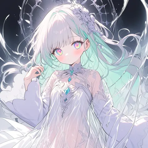 Transparent watercolor、 1 girl、Jewel Eyes、 ((Black、 Pastel Inner Color Hairstyle、Hair expressed with a delicate touch)) 、  stylishly designed clothes 、Small white flower hair ornament、 transparent dress hanging over the nose、Oversized Sleeves 、The sleeve i...