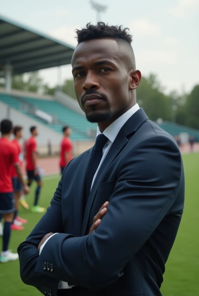 Black-skinned soccer coach with short curled hair and in a suit at the clubs training center 