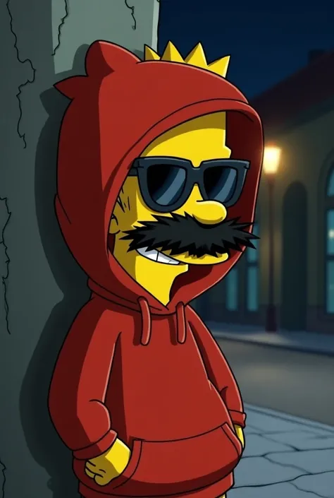 A mischievous cartoon of Bart Simpson wearing a red hoodie pulled up over his head. He has a makeshift disguise, including oversized sunglasses and a fake bushy black mustache, but his spiky hair sticks out, making it obvious who he is. Despite his attempt...