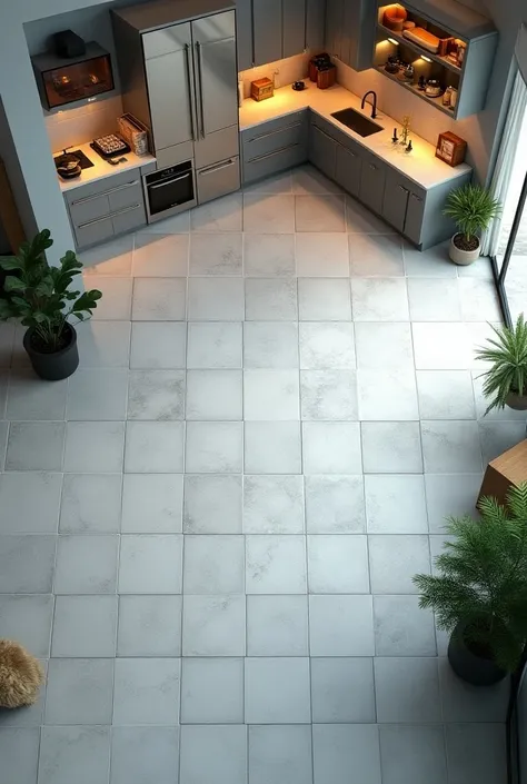 Create an image of a floor of 5 in width and 9 in length and in the background of that floor a large kitchen of 5 m x 5 m in the shape of a G, that can be seen from above
