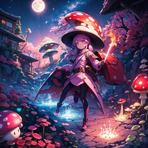 Mushroom man, pink woman, three, blowing red Japan, water, sword, shield, purple heart, red backpack, blue butterfly, at night, full moon,