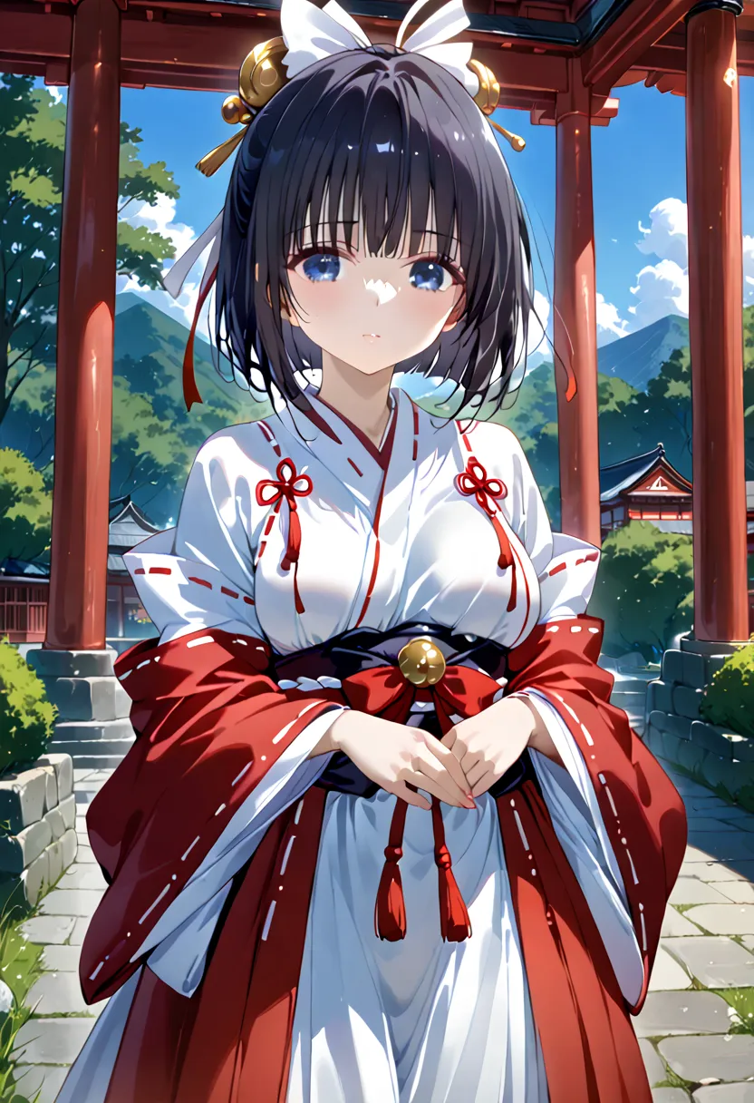 best quality, masterpieceultra hd, 8k，((japanese shrine maiden clothing))， simple village girl、black hair，青 eyes，shortcuts, best...