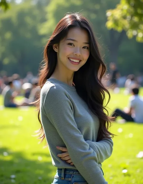 8K HD, Perfect lighting, A woman with long, black hair, pale skin, sexy figure, smiling, wearing a casual grey sweater and blue jeans, enjoying a sunny day at Yoyogi Park with people relaxing and picnicking around her.