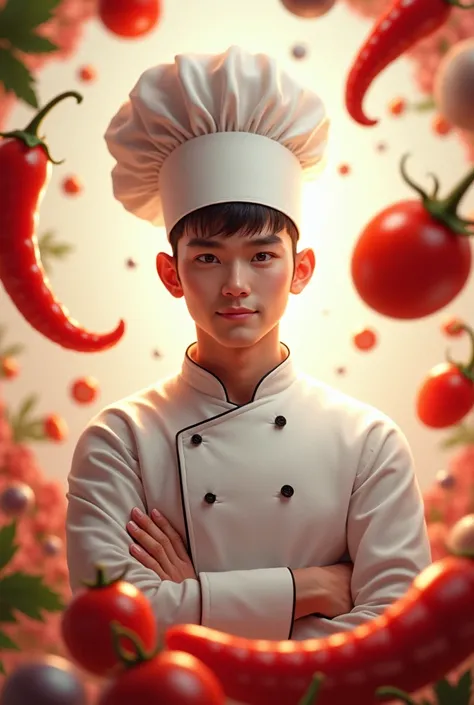 Young and handsome chef with hat，There was a faint smile on the corner of his mouth, Hands on hips, There was confidence in his gaze. Images of various ingredients float around him, Such as tomatoes, big red chili, salt, Onion and more.,in the style of the...