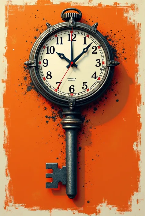 create a graphic design a clock with hour and minute needle are mad from key. The major color of the design is orange and white like a rock band t shirt design. the theme is rock genre