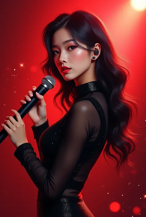 "A professional portrait of a young female singer against a bold red background with dynamic stage lighting, digital art, semi-realistic style. She wears a stylish, modern performance outfit - a sleek black top with subtle sparkle details and contemporary ...