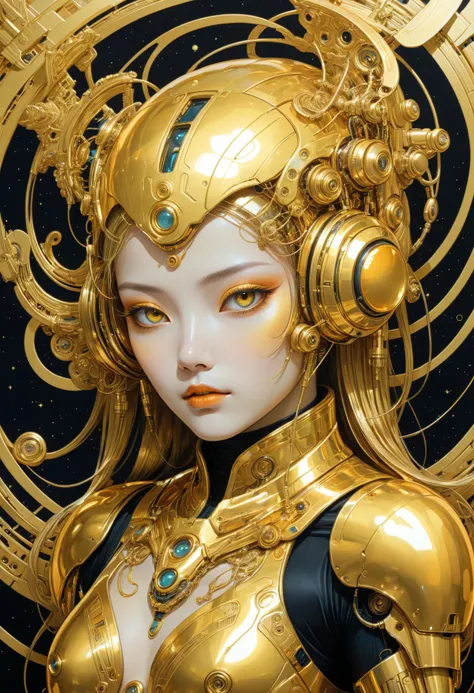 ((best quality)), ((masterpiece)), (detailed), perfect face of cyberpunk mecha japanese girl, shiny gold eyes, shiny gold body, shiny gold hair, ((monochromatic metallic gold color palette)), surreal, art nouveau, in the illustrative style of moebius, spac...