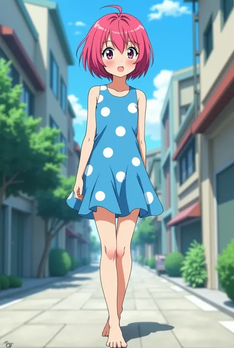 Draw Ghibli-style a 17-year-old girl with short hair and bright dark pink hairstyle, wearing a short, sleeveless sky blue dress decorated with large white dots and who is barefoot in the streets and who at times leaves her panties exposed please 