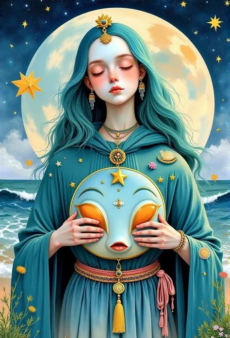    young woman ,     closed eyes  ,  ocean вокруг  ,  holds a 3d fish face mask,   lots of sea waves around  ,  jewelry  , ocean,    long hair , Compose     , Painting (medium),   turquoise robe with a hood  ,   turquoise hair ,     A star     (sky),     A...