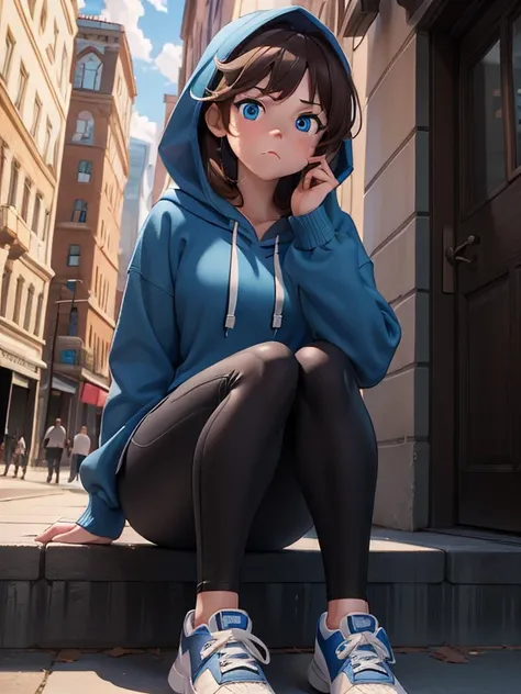 (masterpiece:1.2), best quality, high resolution, unity 8k wallpaper, (illustration:0.8), 1girl, solo, a woman in her early 20s, shes a college freshman, brown hair, blue eyes, (Wearing: Blue hoodie, black leggings and white shoes), 