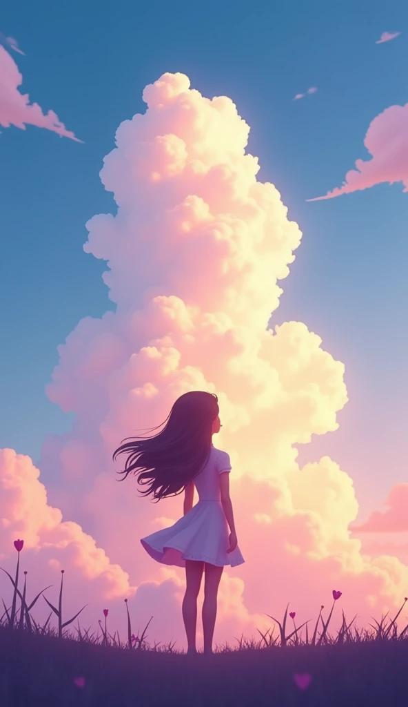 cartoon 3d  disney style, in the sky, clouds has shape of silhouette of a girl 