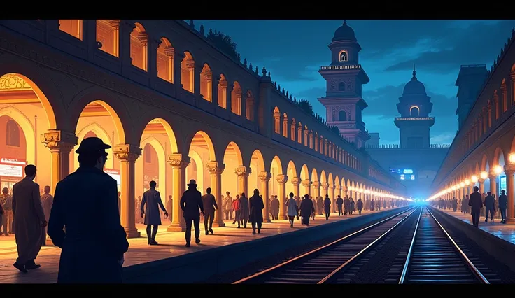 Create a hd bright and cinematic image of begunkodar railaway sation of night scene 