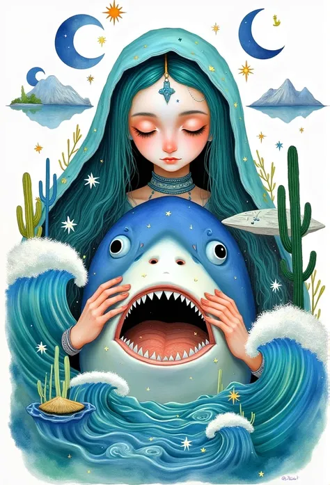    young woman ,     closed eyes  ,  ocean вокруг  ,  holds a 3d shark face mask,   lots of sea waves around  ,  jewelry  , ocean,    long hair , Compose     , Painting (medium),   turquoise robe with a hood  ,   turquoise hair ,     A star     (sky),     ...