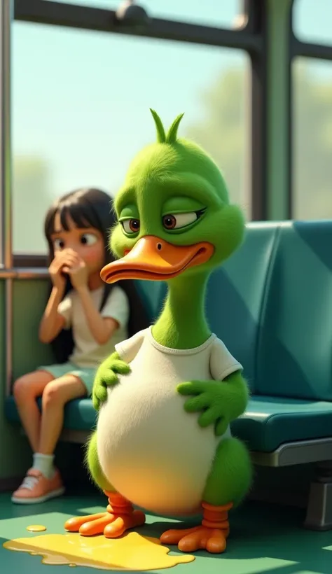 
prompt:  An anthropomorphic little green duck that looks sad and unhealthy is sitting on the bus seat with a facial expression that looks sick. The little green duck has bright green fur , wearing a white t-shirt,  and is vomiting a yellow liquid that loo...