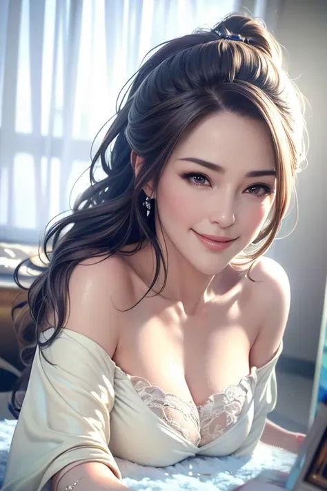 a gorgeous lady, medium length hair, ponytail, beautiful detailed smile, beautiful detailed teeth, south-east asian, seducing smile, taking a selfie after bath half naked, cinematic dramatic lighting, (best quality,4k,8k,highres,masterpiece:1.2),ultra-deta...