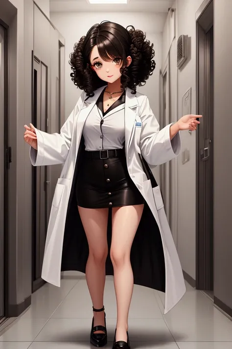 Petite white girl with curly black hair and dark brown eyes, wearing a doctor outfit 