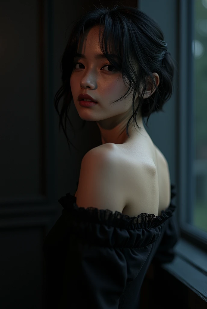 Best quality, masterpiece, ultra high res, (photorealistic:1.5), raw photo, 1girl, offshoulder, in the dark, deep shadow, low key, cold light, sexy look, short hair