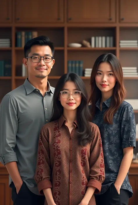  a 50-year-old man with short hair wearing a shirt Prosecutor ,  a long-haired mother of about 40 years old wears a batik shirt and, a 30-year-old man wearing a Toga Lawyer shirt , Lawyer,  and a 35-year-old woman wearing a batik shirt , Indonesian family,...