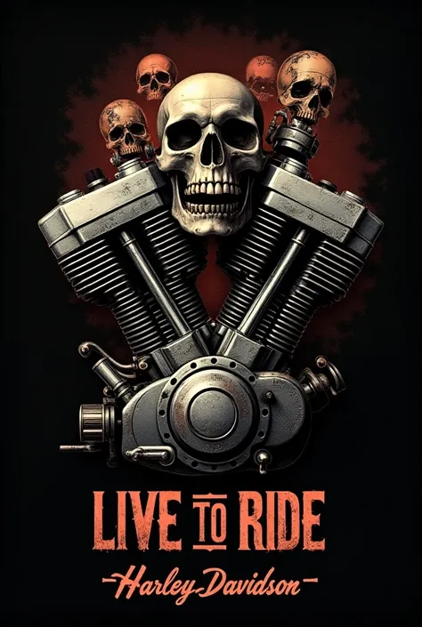 Crear un poster de fondo negro con un motor evolution 1995 estilo rat de harley davidson y varias calaveras tipo rockabilly saliendo del interior del motor con un texto que diga custom culture y arriba live to ride tipo old school 