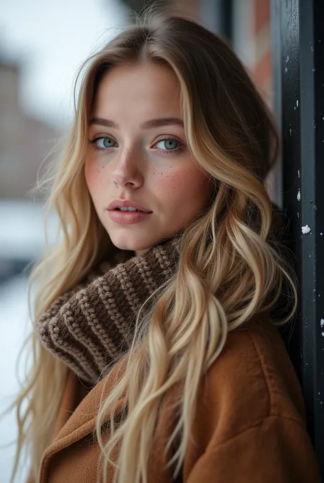 professional portrait photograph of a gorgeous Norwegian girl in winter clothing with long wavy blonde hair, ((sultry flirty look)), freckles, beautiful symmetrical face, cute natural makeup, stunning modern urban upscale environment, ultra realistic, conc...