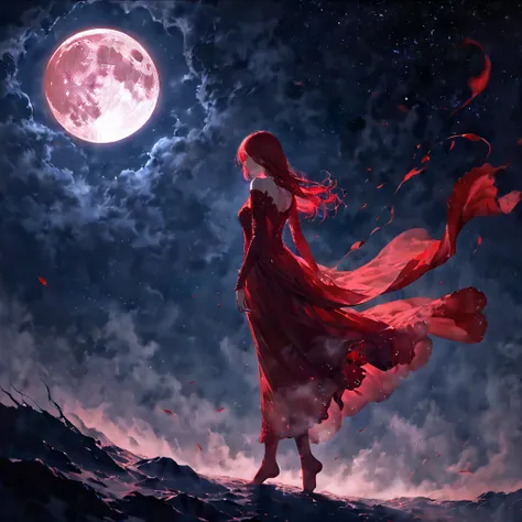 Surreal encounter with a large blood-red full moon, floating in a mystical, fog-filled night sky, ethereal and dreamlike atmosphere, shadowy silhouette of a lone figure reaching toward the glowing crimson moon, delicate mist swirling around, glowing red an...