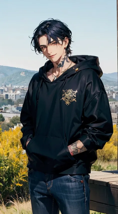 Gold eyes
Tattoos under the eyes
Male
cool
Good looking
Dark blue hair
Wears a black hoodie.
Hes wearing a black necklace.
Wears earrings.
Smile.
,landscape